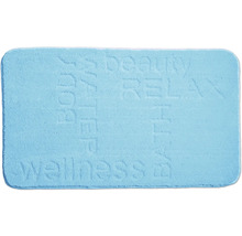 Svetlomodrá kúpeľňová predložka so slovami Beauty, Body, Relax a Wellness