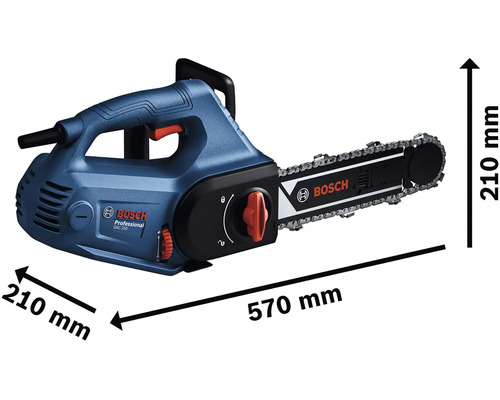 Logo Bosch. Akumulátorová reťazová píla s rozmermi 570 mm dĺžky a 210 mm šírky a výšky.
