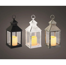 Tri dekoratívne lampáše s LED sviečkami v čiernej, bielej a šedej farbe