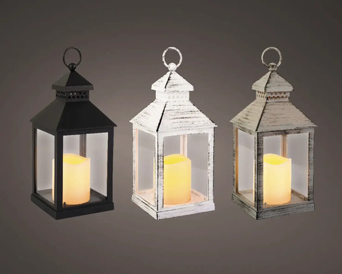 Tri dekoratívne lampáše s LED sviečkami v čiernej, bielej a šedej farbe