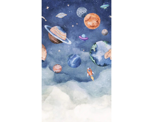 Ilustrácia planét, hviezd, vesmírnych lodí a rakety na pozadí s oblakmi