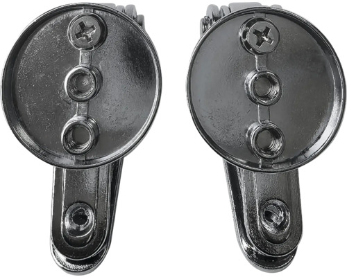 Dva strieborné nábytkové závesy na upevnenie nábytkových dielov