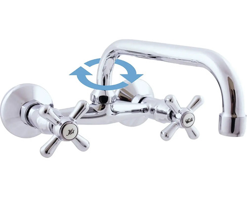 Kuchynská batéria s otočným výtokom a krížovými kohútikmi na teplú a studenú vodu