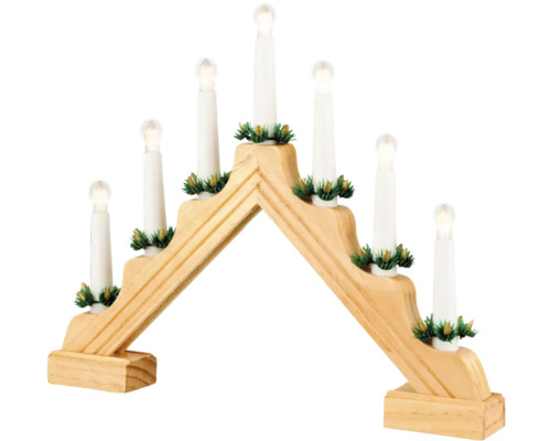 Drevený adventný oblúk s elektrickými sviečkami a jedľovou zeleňou