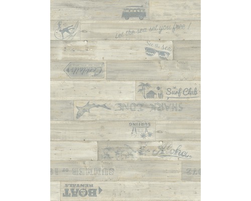 Tapeta s dreveným vzhľadom so surfovými motívmi, nápismi a plážovými motívmi