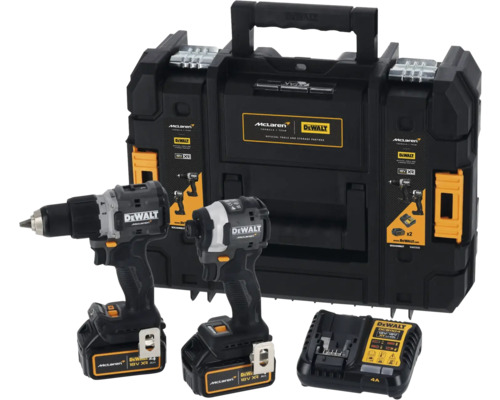 Akumulátorový vŕtací skrutkovač a akumulátorový rázový uťahovák DeWalt s nabíjačkou a kufríkom na náradie