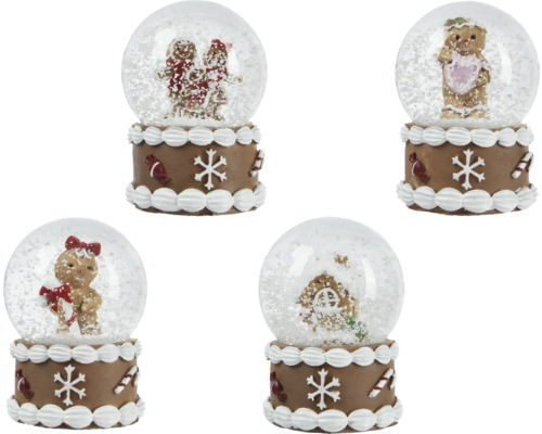 Snežítko motív perníčkov, rôzne druhy Štyri snehové gule s perníkovou dekoráciou