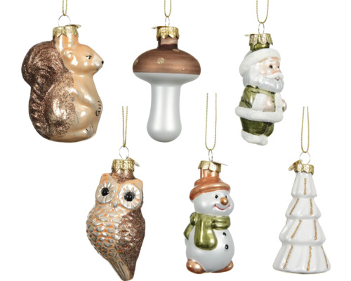 Set vianočných ozdôb sklenených 7,5 cm Dekoratívne vianočné ozdoby v tvare veveričky, huby, Santa Clausa, sovy, snehuliaka a vianočného stromčeka