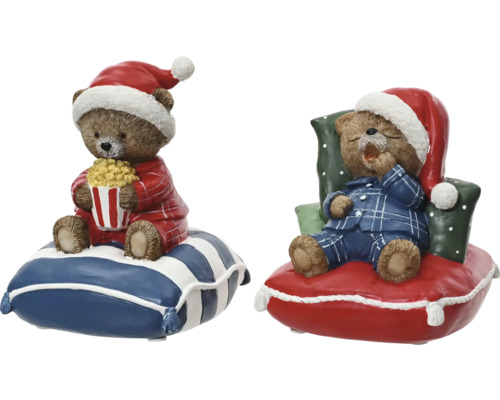 Hracia skrinka medvedík na vankúši 14 cm, rôzne druhy Dve figúrky medvedíkov s vianočnými čiapkami a pyžamami na vankúšoch