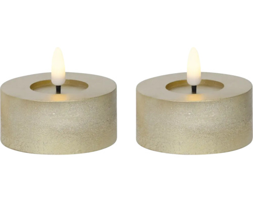 LED sviečka vosková Ø 7 x 6 cm zlatá, teplé biele svetlo Dve čajové sviečky LED zlatej farby