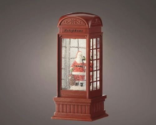 LED snežítko telefónna búdka červená, teplé biele svetlo Dekoratívna snehová guľa v tvare telefónnej búdky s figúrkou Santa Clausa