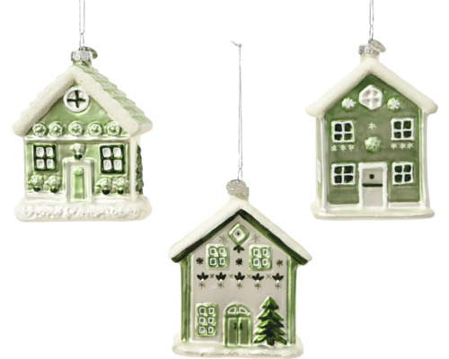 Vianočná ozdoba domček sklenený 10 cm zelený, rôzne druhy Tri vianočné gule v tvare domu ako dekorácia