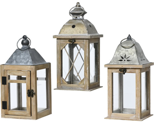 Dekoratívny lampáš rustikálny 14 x 14 x 31 cm, rôzne druhy Tri lampáše z dreva a skla