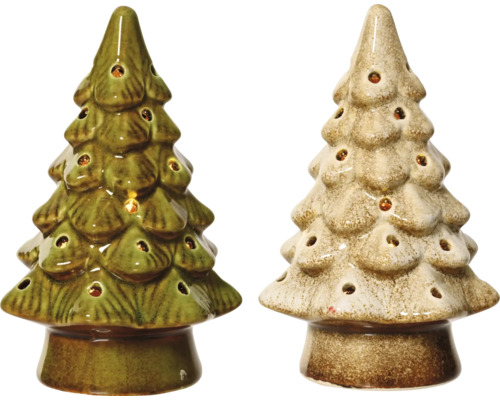 Dva dekoratívne keramické vianočné stromčeky s otvormi pre čajové sviečky