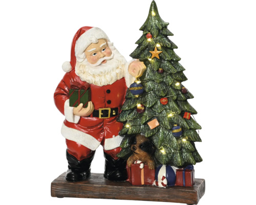 Vianočné dekorácie Santa so stromom 30 cm 12 microLED Santa Claus s vianočným stromčekom a psom na darčekoch