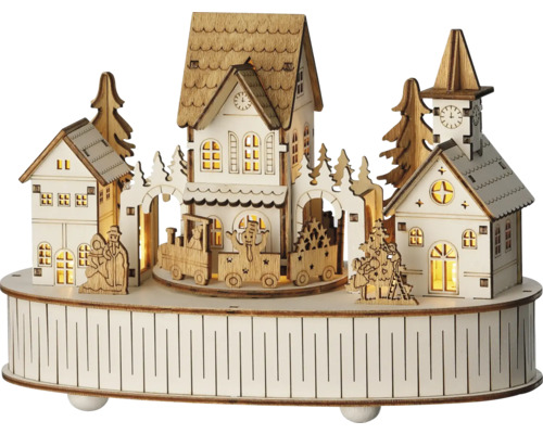 Vianočné scenérie dediny s vláčikom drevená 12 x 22 x 15 cm 5 LED Drevená vianočná dekorácia s domami a vlakom
