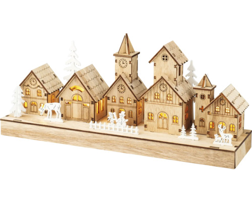Vianočné scenérie dediny drevená 8 x 30 x 13 cm 5 LED Dekoratívna drevená scéna zimnej dediny s osvetlením