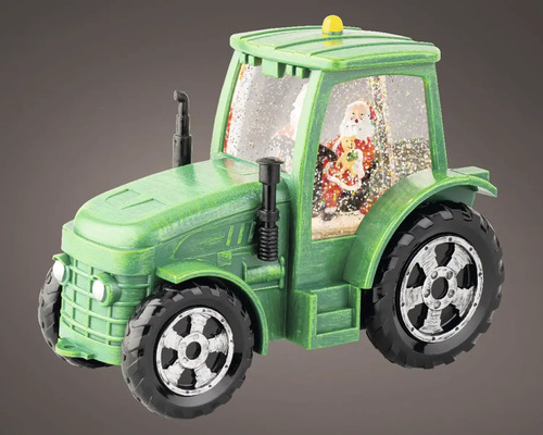 LED snežítko traktor, teplé biele svetlo Zelený traktor ako snehová guľa s figúrkou Santa Clausa