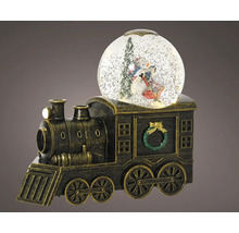 Snehová guľa na vlakovom podstavci so zimnými postavami vo vnútri.