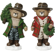 Dve figúrky medveďov s klobúkom a zimným oblečením, jedna drží vianočný stromček, druhá veniec