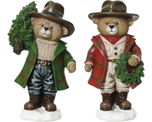 Dekoratívna figúrka medveď v kabáte polyresin 14 cm Dve figúrky medveďov s klobúkom a zimným oblečením, jedna drží vianočný stromček, druhá veniec
