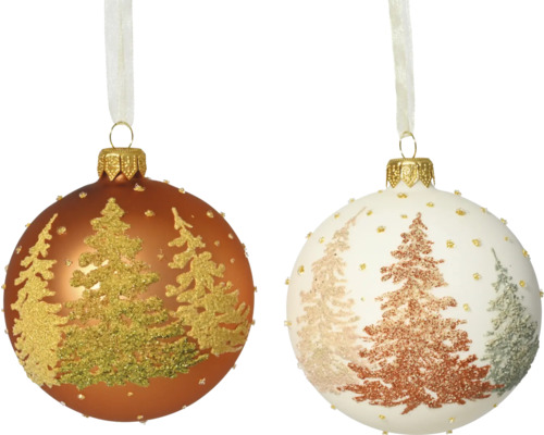 Dve vianočné gule s potlačenými stromami