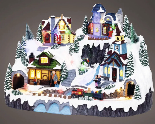 Vianočné osvetlenie LED vianočná scenéria Osvetlená vianočná dedinka so domami, stromami, figúrkami a vláčikom