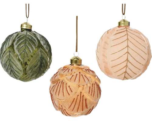 Vianočné ozdoby sklenené gule motív listov Ø 8 cm, rôzne farby Tri ozdobné vianočné gule so vzorom listov na zavesenie