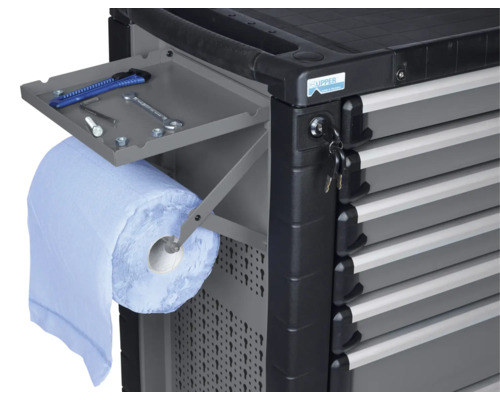 Dielenský vozík s náradím, rolou papiera a kľúčmi