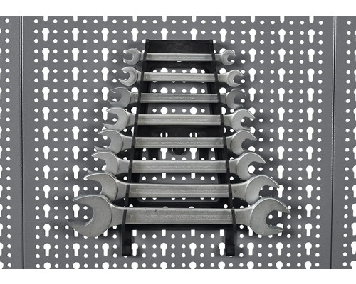 Sada očkoplochých kľúčov, usporiadaných v držiaku, pripevnených na stene s náradím.