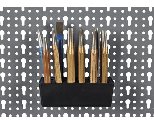 Pružinové vyrážače a priebojníky v držiaku na dierovanej stene