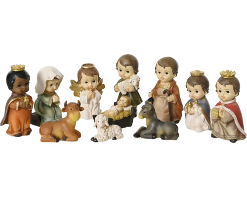 Sada figúrok betlehemu s Ježiškom, Máriou, Jozefom, tromi kráľmi, volom, oslom, anjelom a pastierom