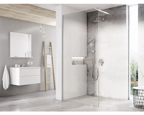 Walk In RAVAK Walk-In 80 cm farba rámu chróm dekor skla číre sklo GW9W40C0SZ1 Moderná kúpeľňa so sprchou, umývadlom a rebríkom na uteráky