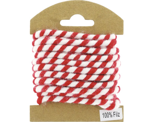 Dekoračná šnúra filcová 3 m červeno-biela Rolka plstenej šnúry v červenej a bielej farbe