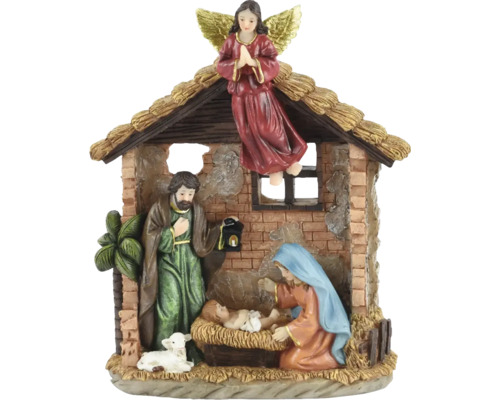 Betlehemská scéna s Máriou, Jozefom, Ježiškom, anjelom a stajňou