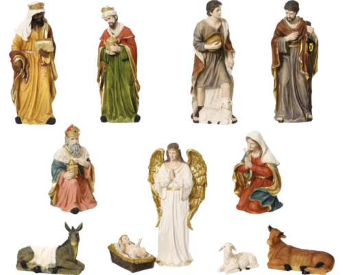 Sada figúrok betlehemu s tromi kráľmi, Máriou, Jozefom, Ježiškom, anjelom a zvieratami