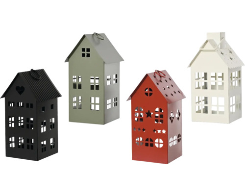 Lampáš domček kovový 24 cm, rôzne druhy Štyri dekoratívne lampáše v tvare domu
