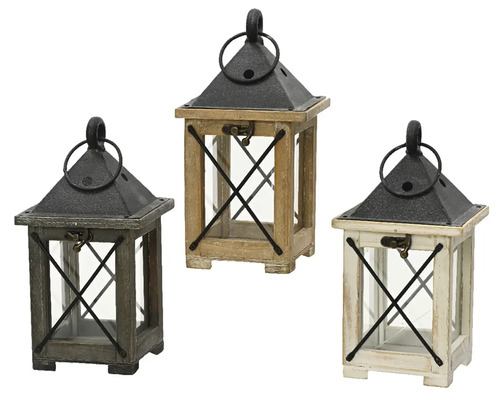 Tri dekoratívne lampáše z dreva a skla