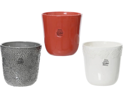 Obal na kvetináč kamenina Ø 14 x 13 cm, rôzne druhy Tri keramické kvetináče v šedej farbe so vzorom, červenej a bielej