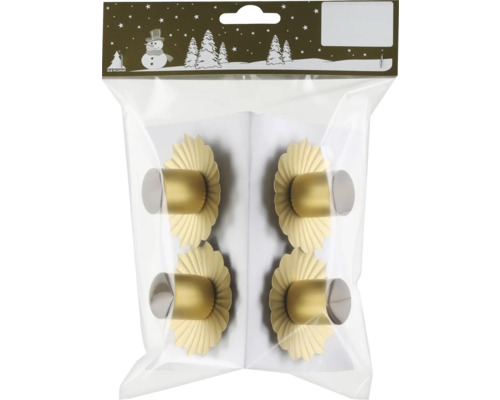 Svietniky na čajové sviečky kovové Ø 6 cm zlaté 4 ks Štyri zlaté nábytkové gombíky v priehľadnom obale