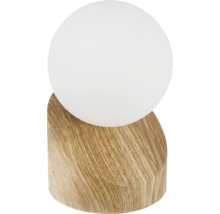 Stolná lampa s drevenou základňou a guľovitým tienidlom