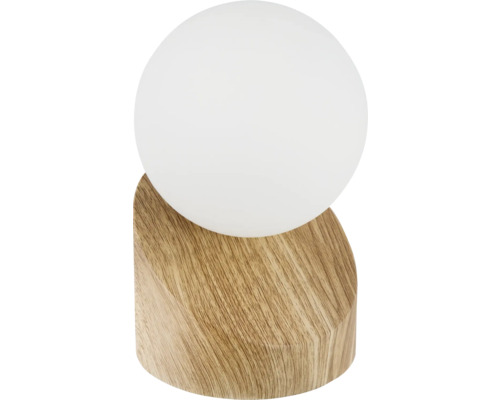 Stolná lampa s drevenou základňou a guľovitým tienidlom