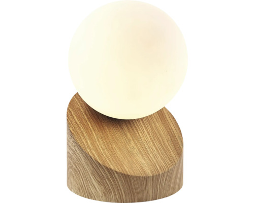 Stolná lampa s guľovitým tienidlom a drevenou základňou