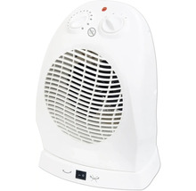 Biely ohrievací ventilátor s ovládačmi a symbolom ochrany proti prehriatiu