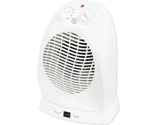 Biely ohrievací ventilátor s ovládačmi a symbolom ochrany proti prehriatiu
