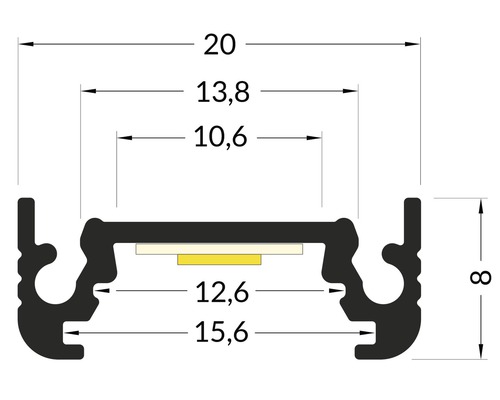 Technický výkres LED profilu s rozmermi