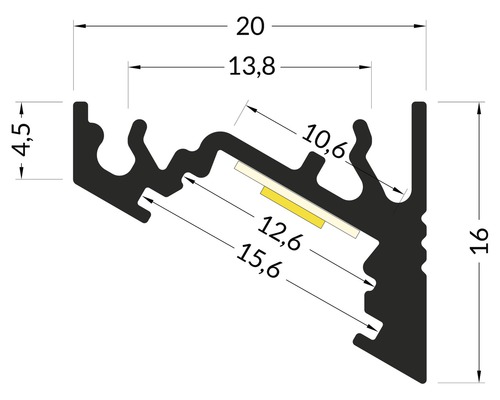 Technický nákres LED profilu s rozmermi