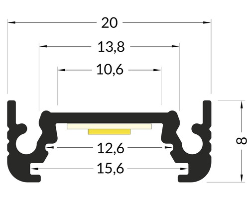 Technický nákres LED profilu s rozmermi.