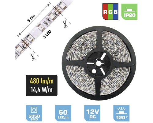 LED pásik FK technics IP20 7,2 W 240 lm 0,5 m RGB, metrážový sortiment LED pás na kotúči s technickými údajmi a pokynmi na rezanie
