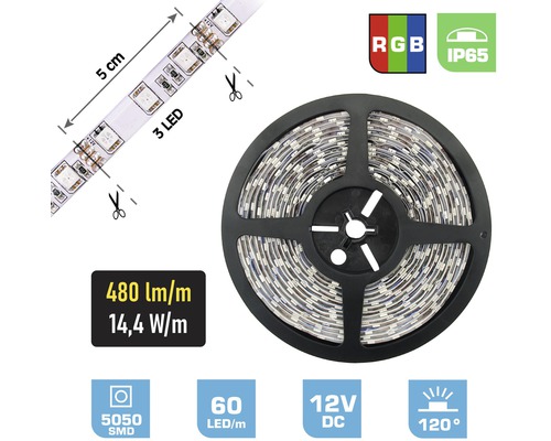 LED pásik FK technics IP65 7,2 W 240 lm 0,5 m RGB, metrážový sortiment LED pásik na cievke s výkonom 480 lúmenov na meter
